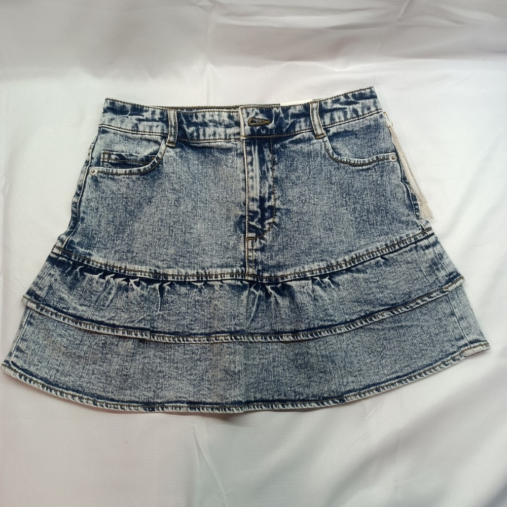 Chelsea & Violet Girls L/14 Acid Wash Tiered Ruffle Denim Mini Skirt Blue Flaw